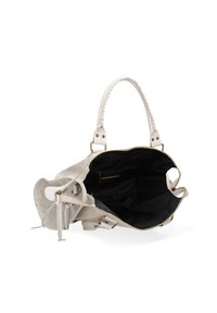 Sac fourre-tout en suède beige avec des poignées tressées, des ferrures dorées et un intérieur spacieux avec une doublure noire et une poche zippée.