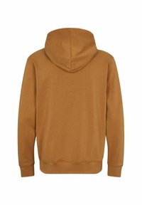 Sweat à capuche marron, tissu doux, coupe classique, poignets et ourlet côtelés, sans motifs ni ornements, texture lisse, design décontracté.