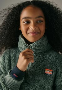 Grüne Fleece-Half-Zip-Jacke mit strukturiertem Obermaterial, Markenpatch und kontrastierenden gerippten Bündchen. Reißverschlusszug sichtbar in der Nähe des Kragens.