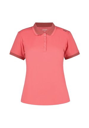 Koralowo-różowa koszulka polo z krótkim rękawem, z plisą na trzy guziki, kontrastującym kołnierzykiem i mankietami rękawów oraz małym logo na lewym ramieniu.