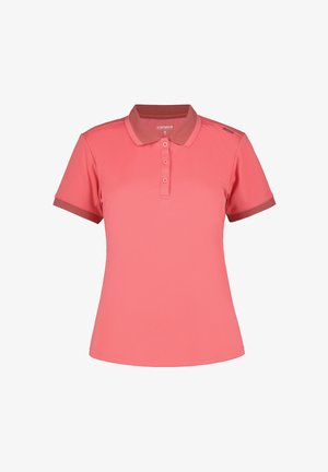 Koralowo-różowa koszulka polo z krótkim rękawem, z plisą na trzy guziki, kontrastującym kołnierzykiem i mankietami rękawów oraz małym logo na lewym ramieniu.