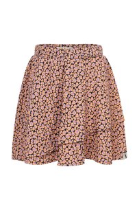 Gelaagde korte rok met elastische tailleband, voorzien van een oranje en paarse luipaardprint op een zwarte achtergrond.