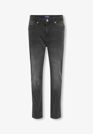 Černé džíny z denimu se rovným střihem, s pěti kapsami a jemně bledými místy. Dokončeny stříbrnými detaily a modrou značkovou visačkou v pase.