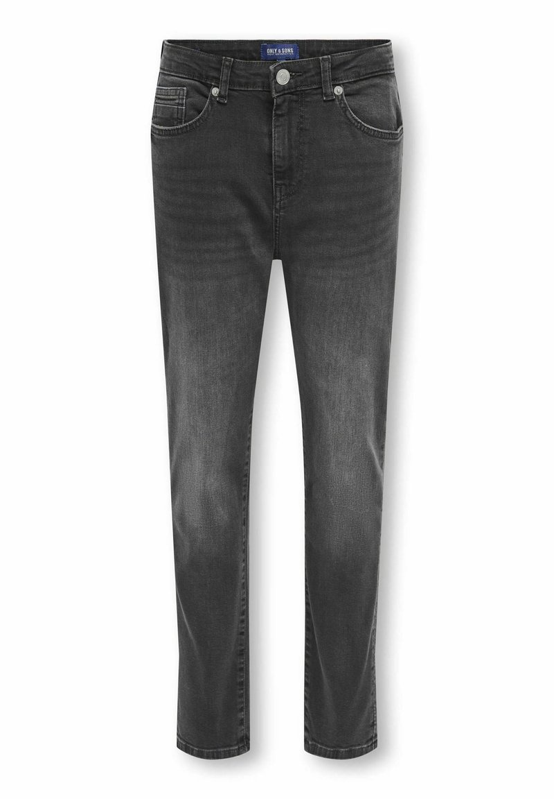 Svarta denimjeans med rak passform, med fem fickor och subtila blekningar. Avslutade med silverfärgad hårdvara och en blå märktag vid midjan.