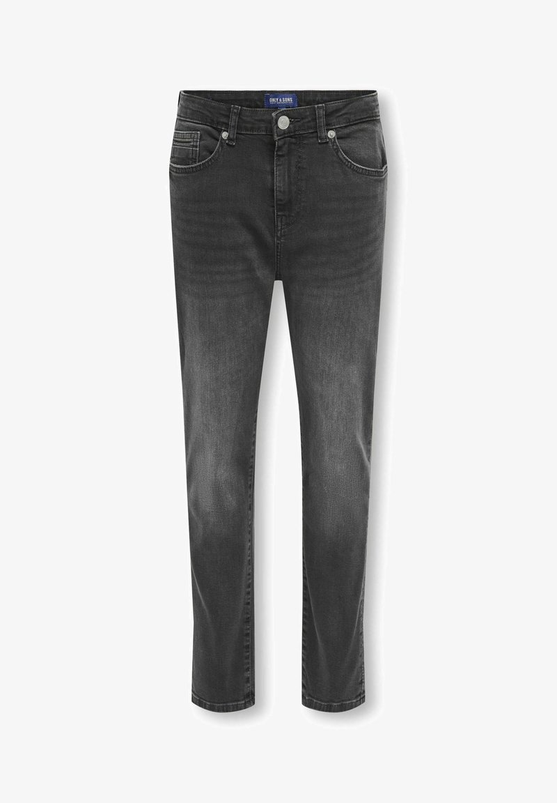 Svarte denim jeans med lige pasform, der har fem lommer og en let falmning. Afsluttet med sølvhardware og et blåt mærkat i taljen.