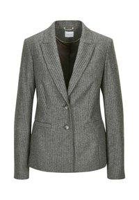 Grijze pinstripe blazer met een op maat ontworpen snit, enkele knoopsluiting en twee voorzakken. Gemaakt van een gestructureerde stof met een gladde binnenvoering.