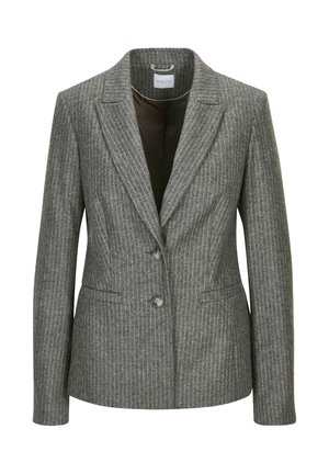 Grau gestreifter Blazer mit taillierter Passform, Ein-Knopf-Verschluss und zwei Fronttaschen. Hergestellt aus strukturiertem Stoff mit glattem Innenfutter.