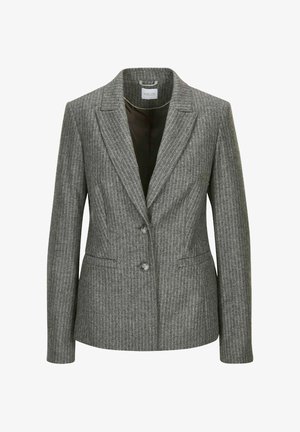 Grau gestreifter Blazer mit taillierter Passform, Ein-Knopf-Verschluss und zwei Fronttaschen. Hergestellt aus strukturiertem Stoff mit glattem Innenfutter.