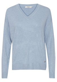 Helles blaues V-Neck-Pullover mit langen Ärmeln. Verfügt über gerippte Bündchen und Saum, eine weiche Textur und ein Akzentdetail an der unteren Seite.