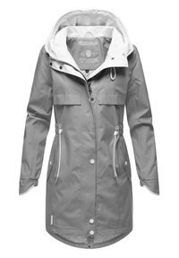 Gray waterproof jacket with a white inner lining, adjustable drawstring waist, two front pockets, and snap button closures. Hooded design.