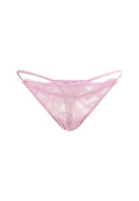 String en dentelle rose pâle avec des motifs floraux, doté de fines bretelles élastiques et d'un design en tissu transparent. Texture douce et finition délicate.