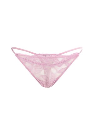 Lace thong in light pink with floral patterns, featuring thin elastic straps and a sheer fabric design. Soft texture and delicate finish.
