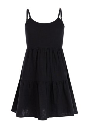 Zwarte mouwloze zomerjurk met verstelbare dunne bandjes en een geplooide, getrapte rok, gemaakt van lichtgewicht stof.