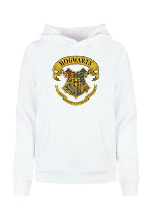 Hanorac alb cu un design al emblemei Hogwarts într-o paletă de culori variate, având detalii distincte, inclusiv un scut și text decorativ.