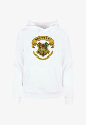 Hanorac alb cu un design al emblemei Hogwarts într-o paletă de culori variate, având detalii distincte, inclusiv un scut și text decorativ.