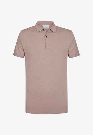 Heren polo met korte mouwen in licht mauve, voorzien van een kraag en een drieknopensluiting, afgebeeld op een witte achtergrond.