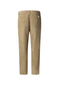 Bruine corduroy broek met een rechte snit, voorzien van twee achterzakken en een subtiele textuur van de geribde stof.