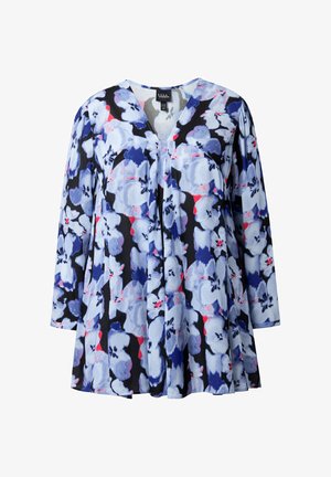 Blusa floreale con scollo a V, maniche lunghe e vestibilità ampia. Il tessuto ha un motivo testurizzato nei colori blu, rosa e nero.