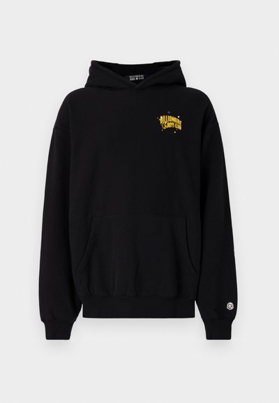 Sweatshirt à capuche noire en coton, doté d'une poche avant et d'un logo graphique jaune sur la poitrine. Poignets et ourlet côtelés.