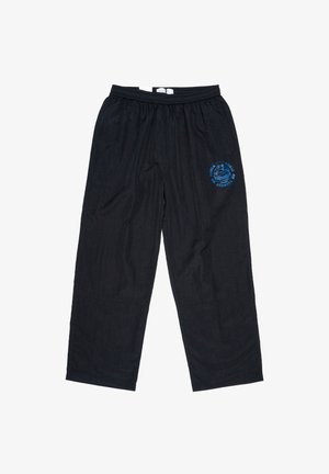 Pantaloni neri con una vestibilità comoda, caratterizzati da una vita elasticizzata e una stampa grafica blu sulla parte bassa della gamba sinistra. Tessuto dalla consistenza liscia.