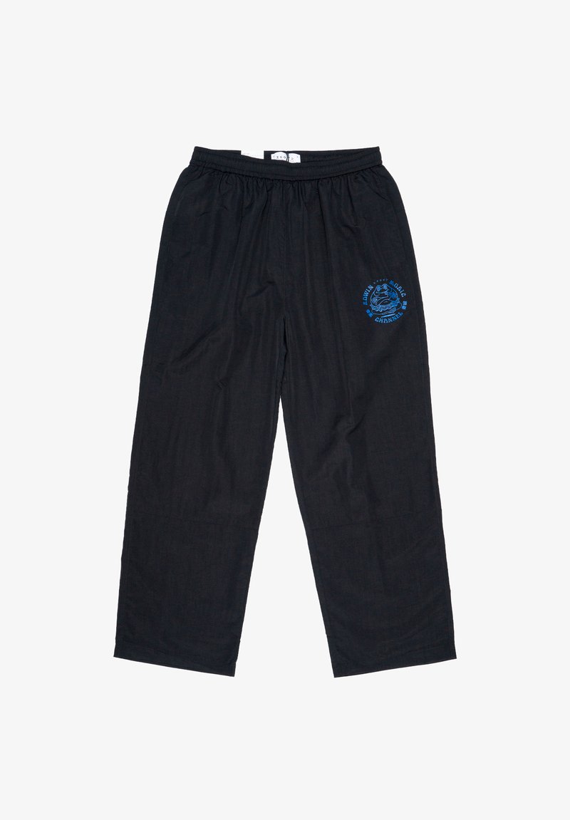 Pantaloni neri con una vestibilità comoda, caratterizzati da una vita elasticizzata e una stampa grafica blu sulla parte bassa della gamba sinistra. Tessuto dalla consistenza liscia.