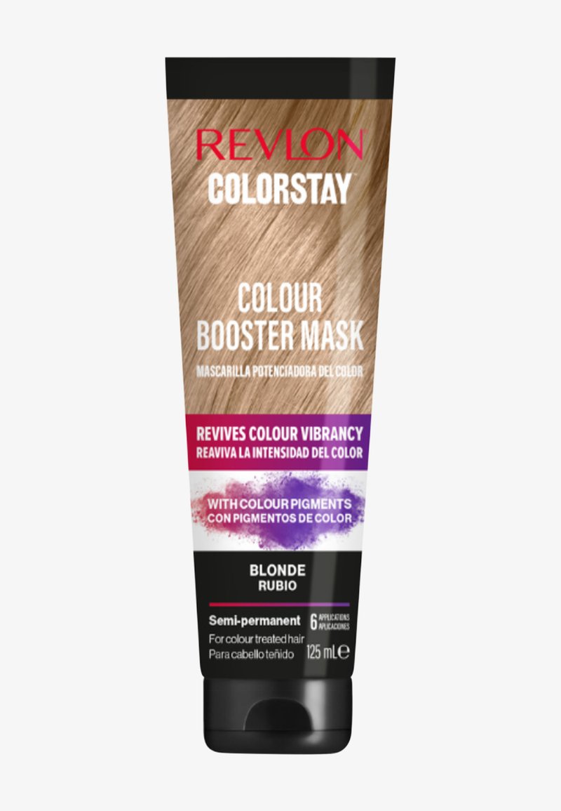 De Revlon Colorstay Colour Booster Mask in een tube van 125 ml heeft een gradient ontwerp met een beige achtergrond en een zwarte basis; gelabeld voor blond haar.