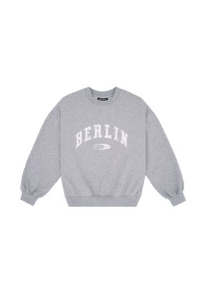 Grijze sweatshirt met een ronde halslijn en lange, puffige mouwen. Heeft "BERLIJN" in witte letters op de borst. Zacht katoenmateriaal.
