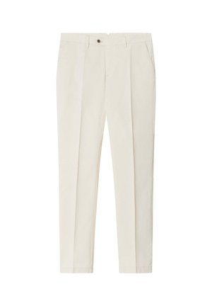 Cream-colored tailored trousers with front pleats, side pockets, belt loops, and a brown button closure at the waistband.