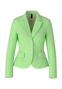 Blazer vert clair en tissu lisse, doté d'un col, de deux poches avant et de deux boutons blancs. Coupe ajustée avec des manches longues.