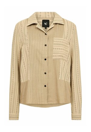 Cămașă bej cu mâneci lungi cu dungi verticale, având guler, nasturi negri și un buzunar pe piept cu model în dungi.