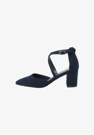 Décolleté da donna in camoscio blu navy con punta appuntita, tacco a blocco e cinturino alla caviglia incrociato con fibbia argento.