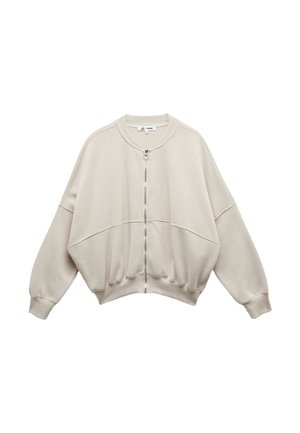Licht beige cropped sweatshirt gemaakt van zachte stof, met een volledige rits, drop shoulders, elastische manchetten en een ronde halslijn.