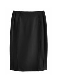 Sort blyantskirt lavet af glat stof, der har et tætsiddende design med to lodrette sømme, knælængde og en subtil glans.