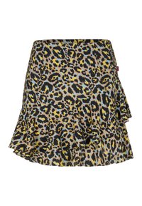Luipaardprint rok met gelaagde ruffles, met zwarte, gele en blauwe patronen op een beige achtergrond. Gemaakt van lichtgewicht stof.
