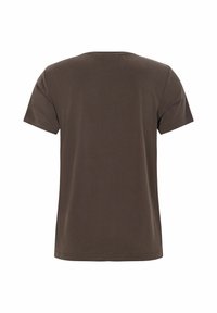 T-shirt marrone a maniche corte realizzato in tessuto morbido con scollo rotondo. Il design è semplice, presenta una schiena liscia e una vestibilità rilassata.