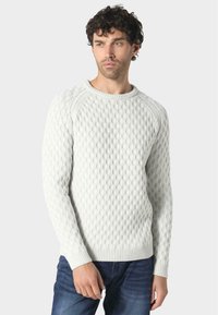 Lichtgrijze gebreide trui met een gestructureerd kabelpatroon, ronde halslijn en geribbelde manchetten. Zachte stof en een normale pasvorm.