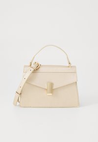 Beige structured handbag with a smooth texture, rectangular shape, top handle, and a detachable strap. Features a gold-tone clasp.