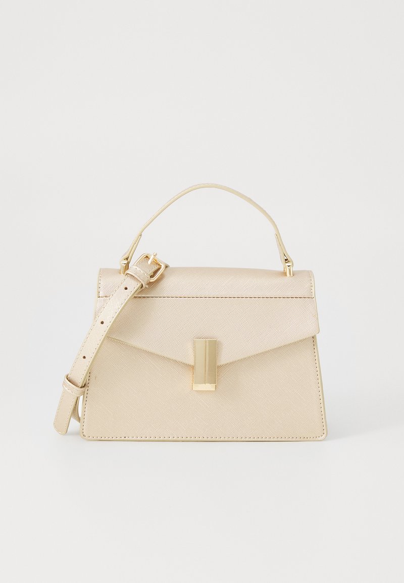 Beige structured handbag with a smooth texture, rectangular shape, top handle, and a detachable strap. Features a gold-tone clasp.
