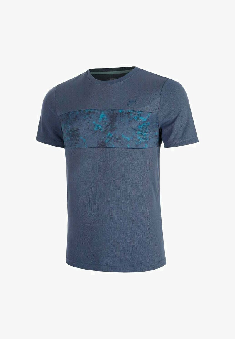 T-shirt a maniche corte da uomo in blu scuro, con un motivo geometrico blu testurizzato sulla parte anteriore e un colletto girocollo classico.