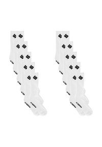 Weiße Socken mit gerippter Textur, ausgestattet mit einem schwarzen Logo und Branding am Bündchen. Präsentiert in Paaren, die in einem Gitter angeordnet sind.