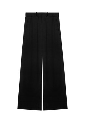 Zwarte broek met wijde pijpen, elastische tailleband en zijzakken, met een voornaad en een losse pasvorm.