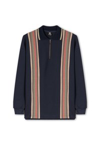 Sudadera azul marino con mangas largas, cuello de media cremallera y patrones de rayas verticales en beige, rojo y verde en el frente. Textura de tela suave.