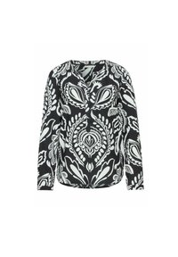Blusa nera a maniche lunghe con motivo paisley bianco, con scollatura a V e patta con bottoni. Tessuto liscio con vestibilità rilassata e orlo curvo.