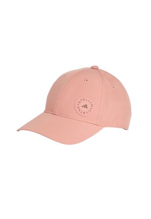 Roze baseballcap van zacht stof, met een ronde kroon, gebogen rand en een cirkelvormige logo-opdruk aan de voorkant.