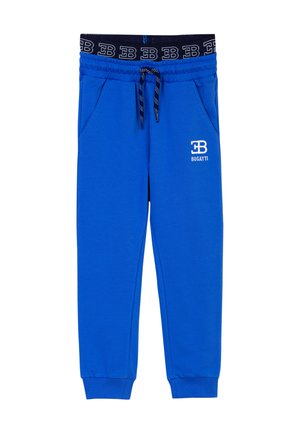 Pantaloni della tuta blu con vita elastica nera, cordino, tasche laterali e logo Bugatti bianco sulla coscia sinistra. Texture del tessuto liscia.