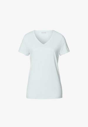 Lysblå kortærmet T-shirt med V-hals, lavet af blødt bomuldsstof, med et enkelt design og almindelig pasform.