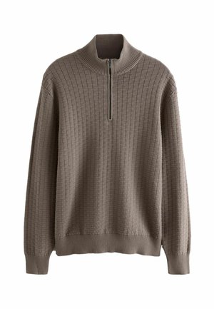 Khaki svetr s zipem a vysokým límcem s texturovaným žebrovaným vzorem, dlouhými rukávy a přiléhavými manžetami. Vyrobeno z měkkého, tkaného materiálu.