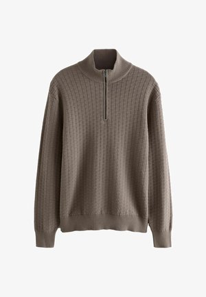 Pulover kaki cu fermoar la gât, cu un model texturat cu coaste, mâneci lungi și manșete strânse. Construit dintr-un material moale, țesut.