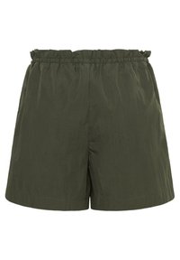 Shorts légers en tissu vert foncé avec une ceinture élastique froncée et des jambes larges à coupe droite.