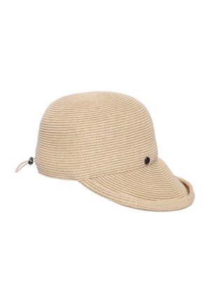 Beige woven sun hat with a short curved brim and adjustable back strap with a small black logo on the side.